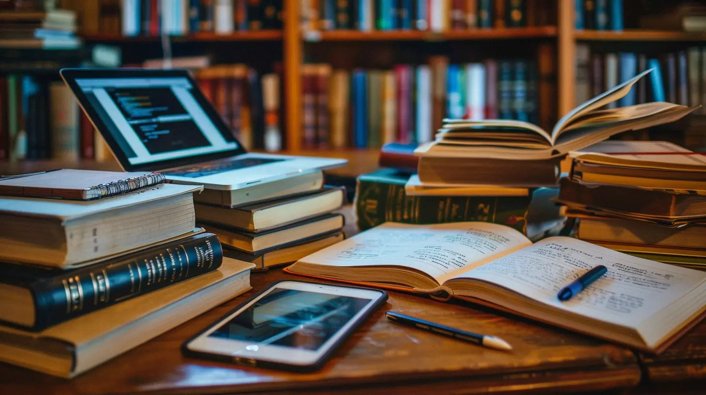 Schreibtisch mit Schreibutensilien und Büchern