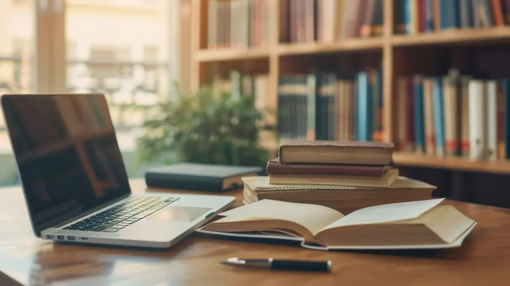 Laptop und Notizbuch auf Schreibtisch
