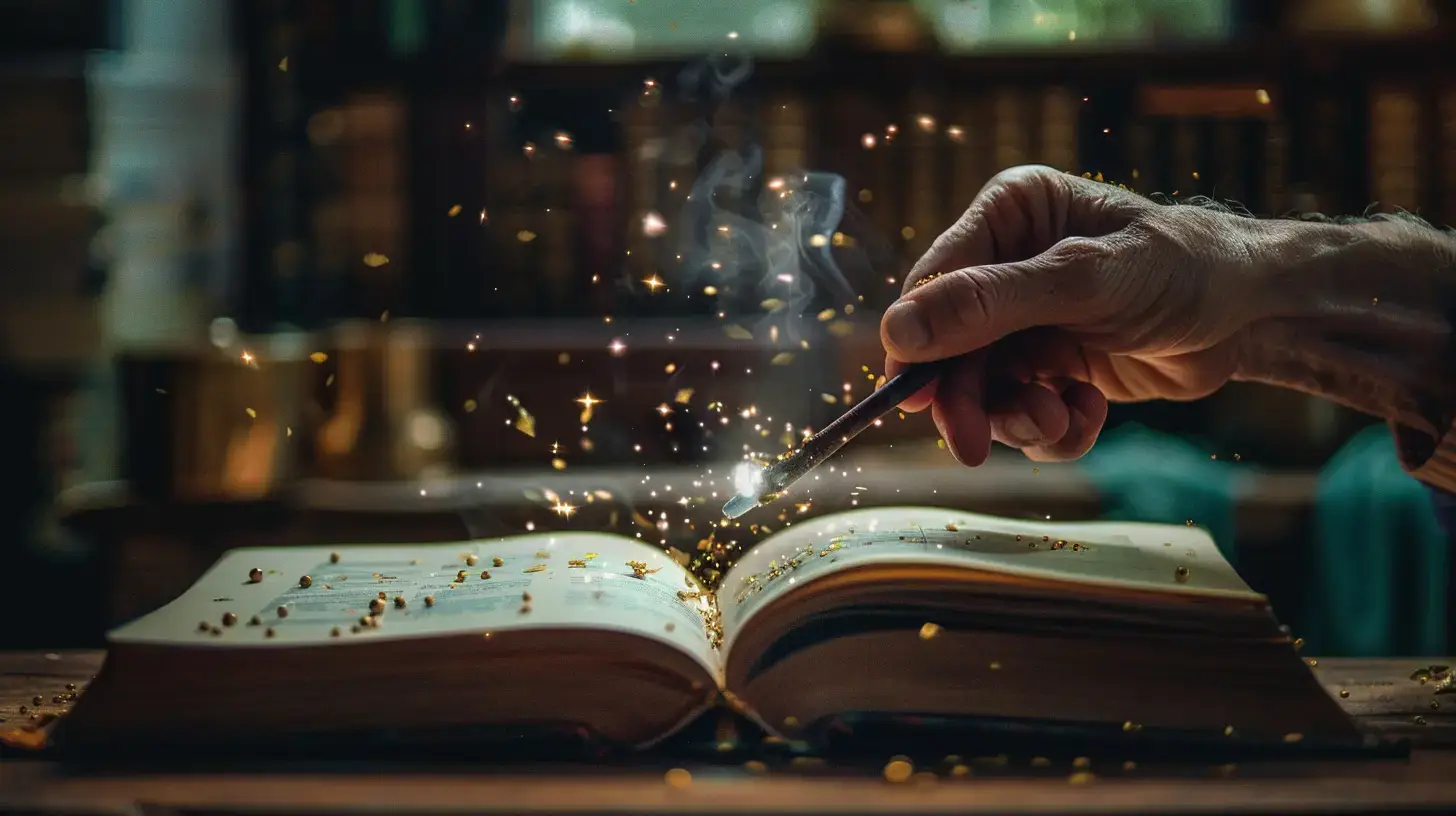 Hand mit Zauberstab über Buch